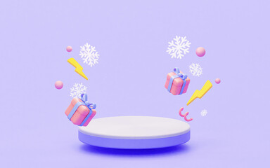 Winter podium with snowflakes and gifts. 3D rendering illustration.