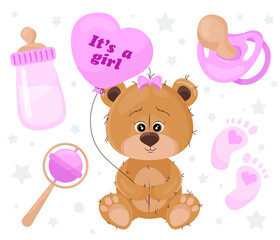 Fototapeta premium Its a girl. Teddy bear with a balloon in the form of a heart and various items for the baby.