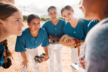 Baseball, team and coach in conversation, talking and speaking about game strategy for a game....