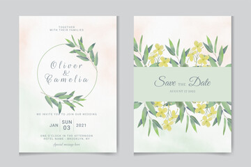 Watercolor vector set wedding invitation card template design with green eucalyptus leaves.