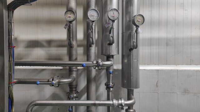 Industrial Background Of Stainless Steel Pipes And Gauges In Production Room Of Factory