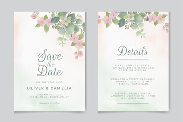 Watercolor vector set wedding invitation card template design with green eucalyptus leaves and flowers.