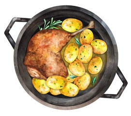 Duck leg with baked with new potatoes watercolor