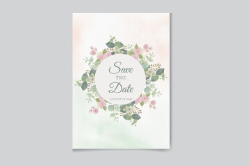 Naklejka na ściany i meble Watercolor vector wreath wedding invitation card with green eucalyptus leaves and flowers .