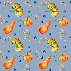 Obraz na płótnie Canvas Pumpkins, spikelet, blueberry watercolor seamless pattern on blue.