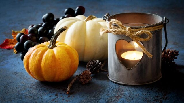 Hello Autumn concept zooming out on a lantern with autumnal grapes, pumpkins and fall leaves. Thanksgiving greeting