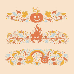 Obraz na płótnie Canvas Retro frame with 70s style Halloween elements. Happy Halloween Autumn simple minimalist illustration. 1970 vibe banners set. Banner with a pumpkin, a fire and a rainbow. 