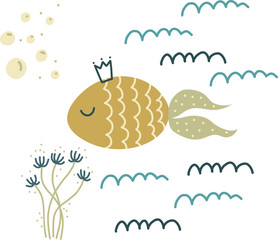 Set of cute sea fish, ocean, vector illustration for design, print, pattern, isolated on white background