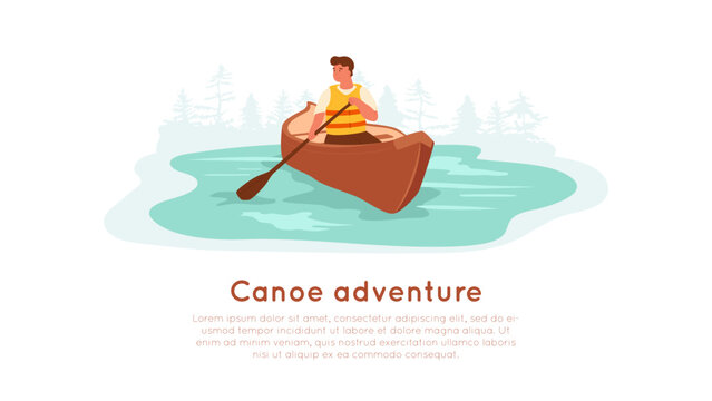 Free Vector  Man sitting in canoe and holding paddle set of accessories  boat sleeping bag flashlight compass life jacket ax backpack and other  isolated objects