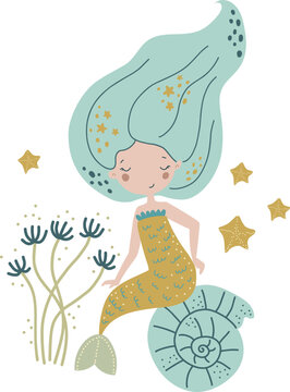 Cute mermaid girl, vector illustration for design, print, pattern, isolated on white background