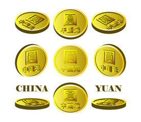 Vector 3d set of gold coins in different projections. Chinese traditional and simplified characters mean Chinese yuan. White isolated background