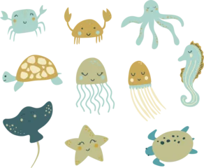 Papier Peint photo Vie marine Sea animals, turtle, octopus, crab, seahorse, jellyfish, vector illustration for design, print,