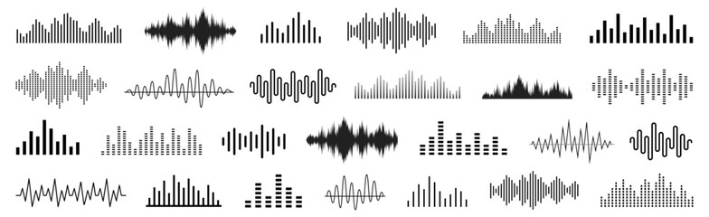 Sound wave set. Sound waves, Equalizer, Audio waves, Radio signal, Music. Recording. Vector - obrazy, fototapety, plakaty