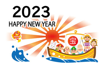 2023　ハッピーニューヤー　ご来光　七福神の宝船　テンプレート