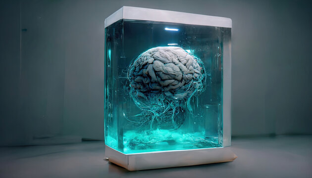 AI brain immersed in blue liquid