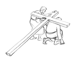 Fototapeta na wymiar One person helps another to carry the cross. Pencil drawing