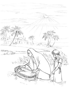 Moses' mother puts him in a basket on the river. Pencil drawing