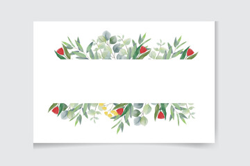 Watercolor green floral banner with silver dollar eucalyptus leaves and branches isolated on white background.