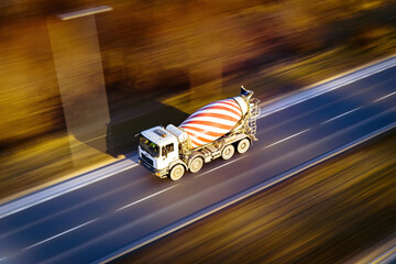 Concrete Mixer Truck on the road with speed and motion
