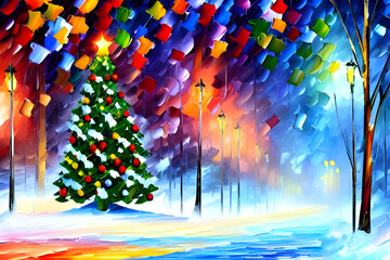 christmas tree with ligths and decorations in a park painted in bright colors with oil paint - illustration