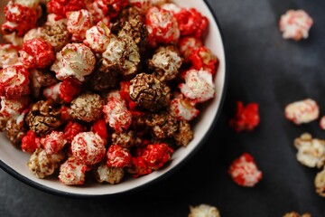 Multi colored kettle corn popcorn, selective focus