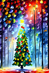 christmas tree with ligths and decorations in a park painted in bright colors with oil paint - illustration