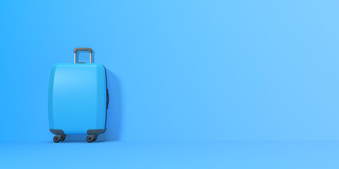 Travel suitcase on a blue background with copy space. Front view. 3d rendering illustration