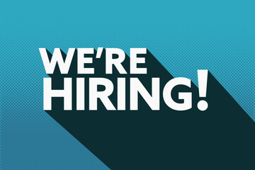 Business vector illustration contains text We are hiring with a long shadow. Hiring promotion, recruiting, job offer, or employee vacancy announcement concept banner 