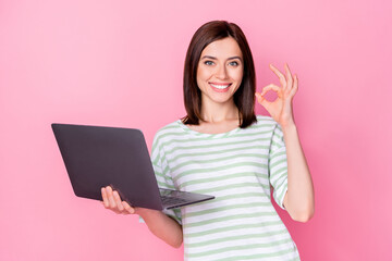 Photo portrait of nice young woman show okey sign successful freelancer netbook wear trendy striped look isolated on pink color background