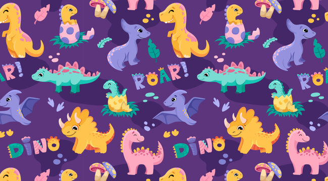 Hand drawn cute dinosaurs background with dinos, Roar signs, footprints, leaves for clothes, shirt, fabric. Kids violet dino illustration