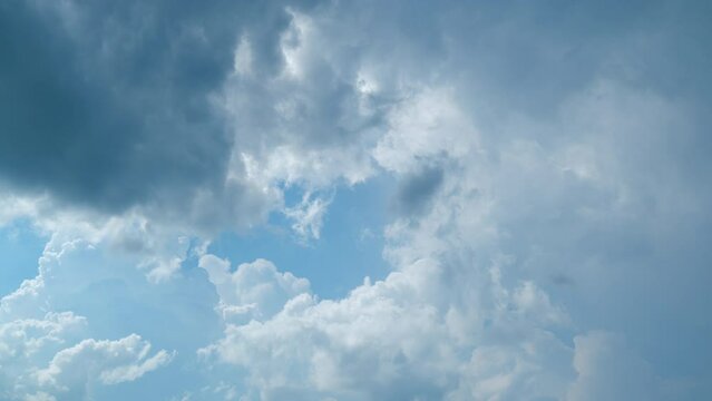 Blue sky with cumulonimbus rain cloud formations and sunlight. Foam bomb of exploding cloud. Timelapse.