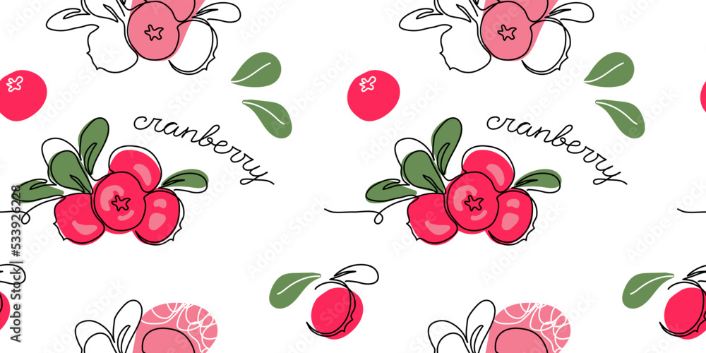 Sticker Cranberry, cowberry vector pattern. One continuous line art drawing cranberries pattern - Stickers