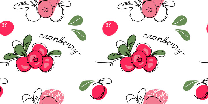 Cranberry, cowberry vector pattern. One continuous line art drawing cranberries pattern