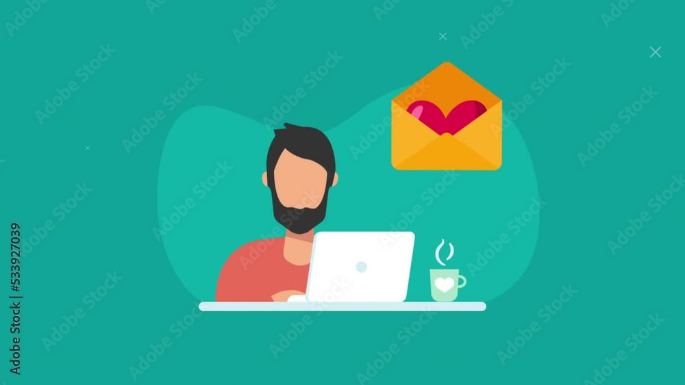 Poster envelope with heart and man on computer motion animation. freelancer man on computer. turquoise back