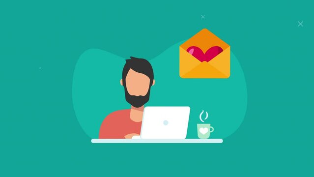 envelope with heart and man on computer motion animation. freelancer man on computer. turquoise background