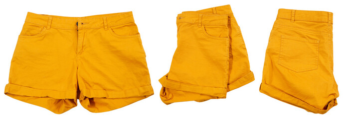 collage of yellow shorts isolated on white background