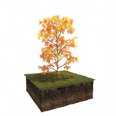 Autumn tree and soil cut under it. Isolated garden element, 3D illustration, cg render