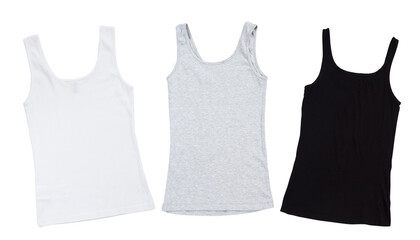 sleeveless t-shirt set, white, grey and black sleeveless shirts mock up isolation on white background