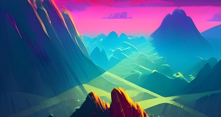 purple, pink and blue lights racing along a digital landscape