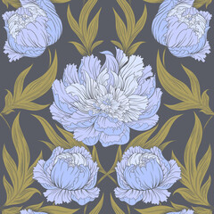 Blue peonies and intertwining leaves. Seamless botanical pattern on a gray-blue background. Abstract flowers.