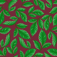 Fototapeta na wymiar Seamless pattern with wild berry leaves. Bright greens on burgundy background. Forest ornament.