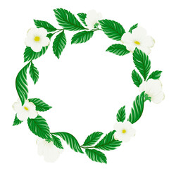 Wreath of strawberry flowers. Decorative frame with bright greenery and white flowers.