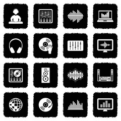 Electronic Music Icons. Grunge Black Flat Design. Vector Illustration.