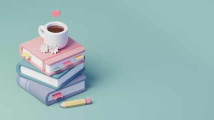 Coffee Standing on Pile of Books. Cup of Tea on Top of Books. 3D Render