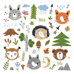 Naklejka premium Scandinavian animals set. Drawn by hand. Doodle cartoon animals with elements of the forest and the gifts of nature for children's posters, postcards, children's t-shirts. Vector illustration.