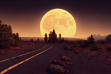 Obraz premium A full moon shines down on a deserted road. 