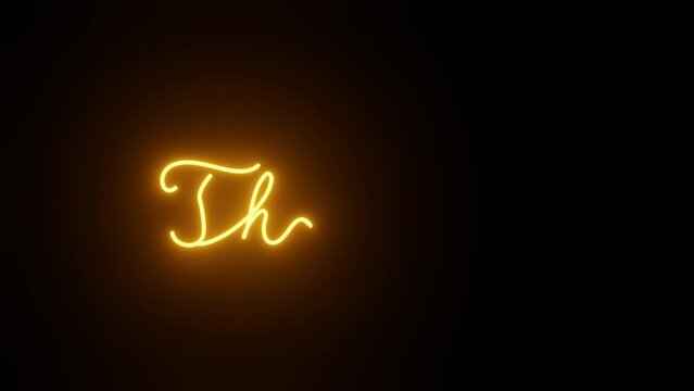 Thanks. Text writing animation. Glowing effect. Yellow text on black background.