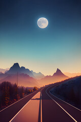 A full moon shines down on a deserted road. 