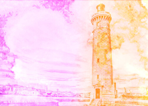 Phare de S&egrave;te illustration aquarelle couleurs orang&eacute; phare Saint Louis style magenta effets aquarelliste port de S&egrave;te Occitanie 