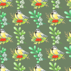 Watercolor  seamless winter pattern with titmouse and mistletoe on dark green background.Perfect for packaging,wrapping.